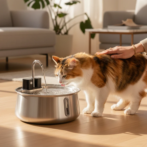 KittySpout stainless steel cat fountain available in multiple colors